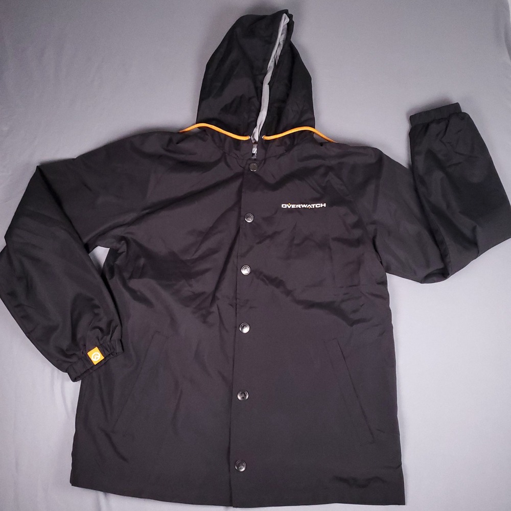 Blizzard Overwatch Windbreaker Jacket Mens Large Hooded Black Snap Front Coach